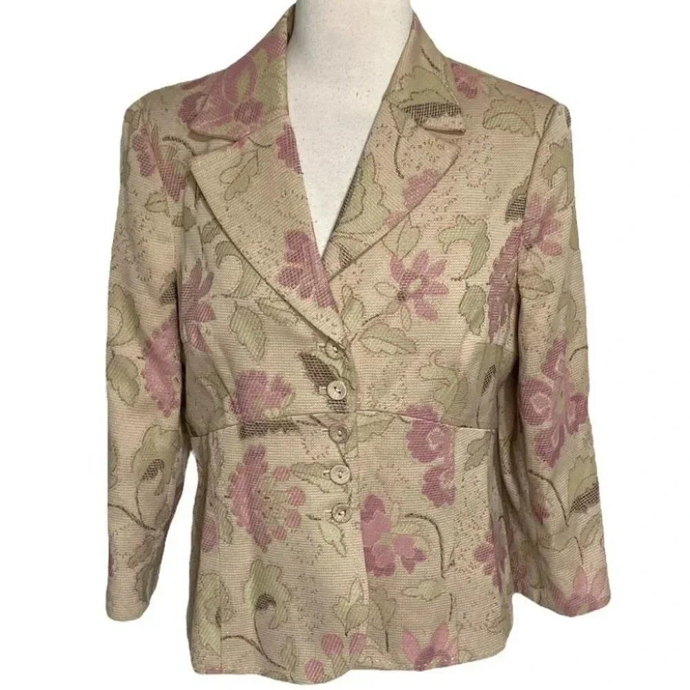 Emma James Blazer 12 Beige Pink Green Floral Tapestry 3/4 Sleeve Button Front